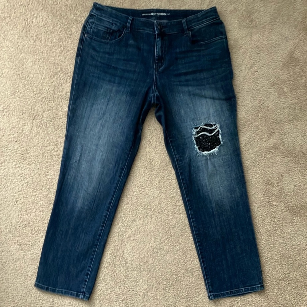 Chico's Blue Ankle Cropped Jeans with Distressed Details